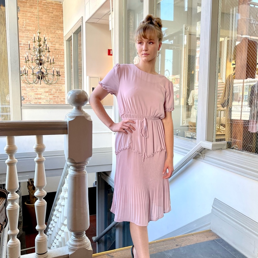 Light pink short sleeve semi formal pleated modest midi length dress
